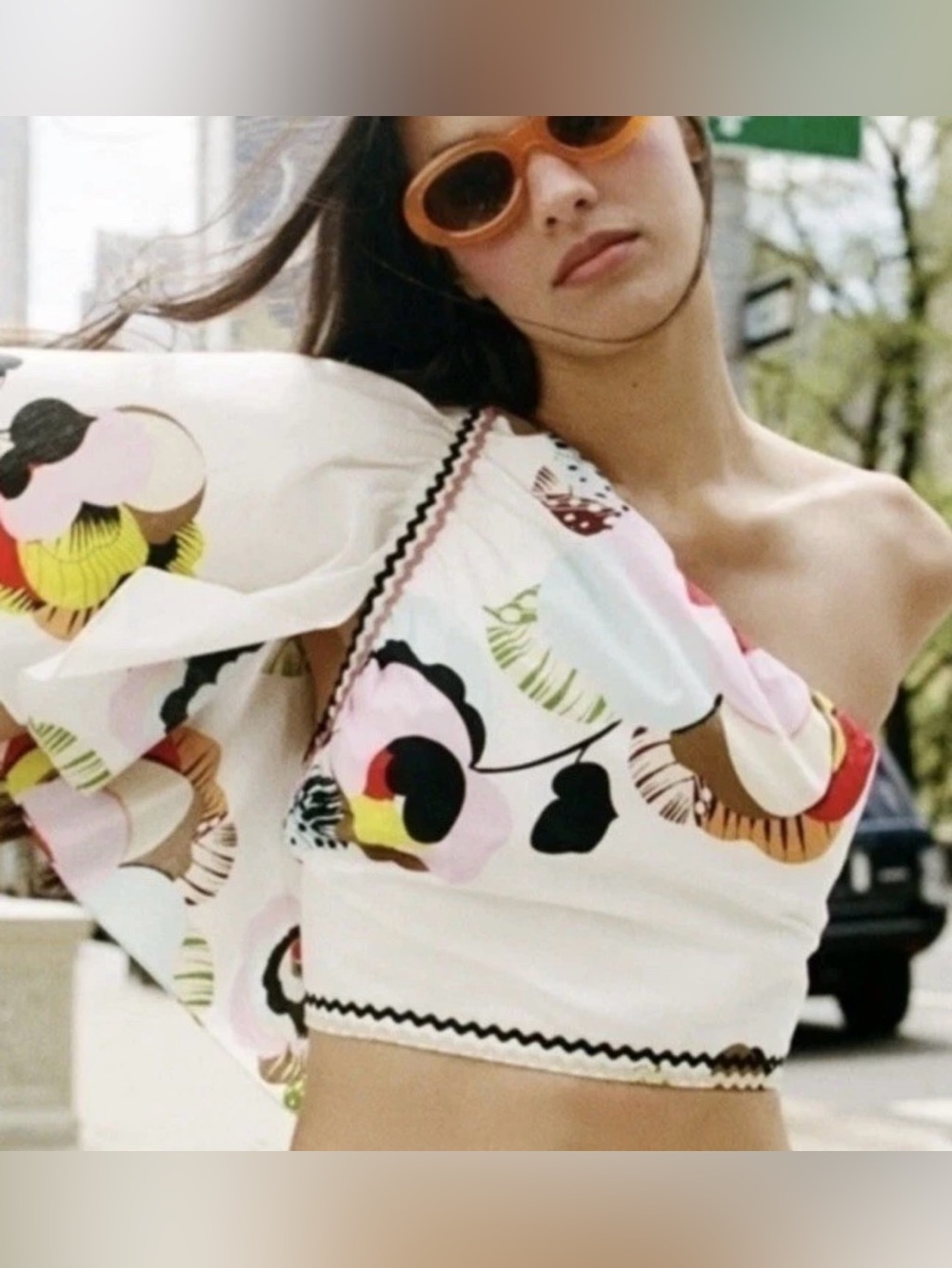Zara Cream One-Shoulder Top with Multicolor Floral Accents